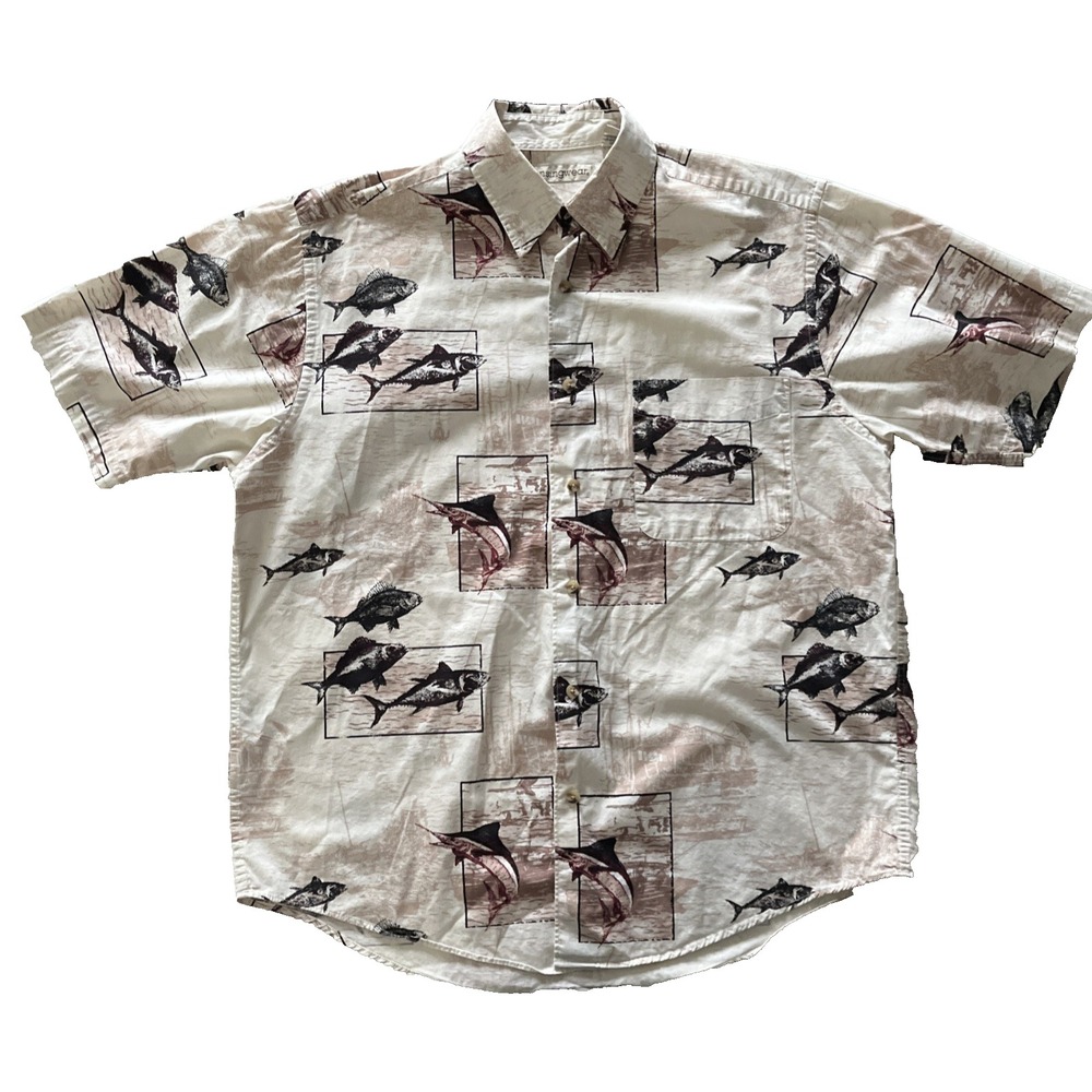 Munsingwear Men's Size M Short Sleeve Button Up Fish Boat Canoe 100% Cotton